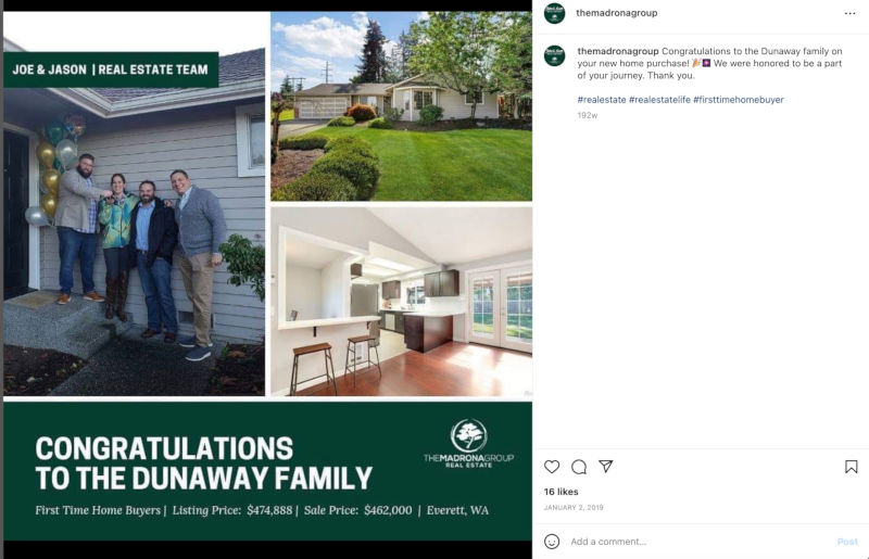 Instagram post of two real estates a showing happy couple in their new home