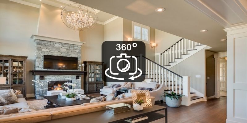 360 degree camera icon over a picture of a nicely decorated home