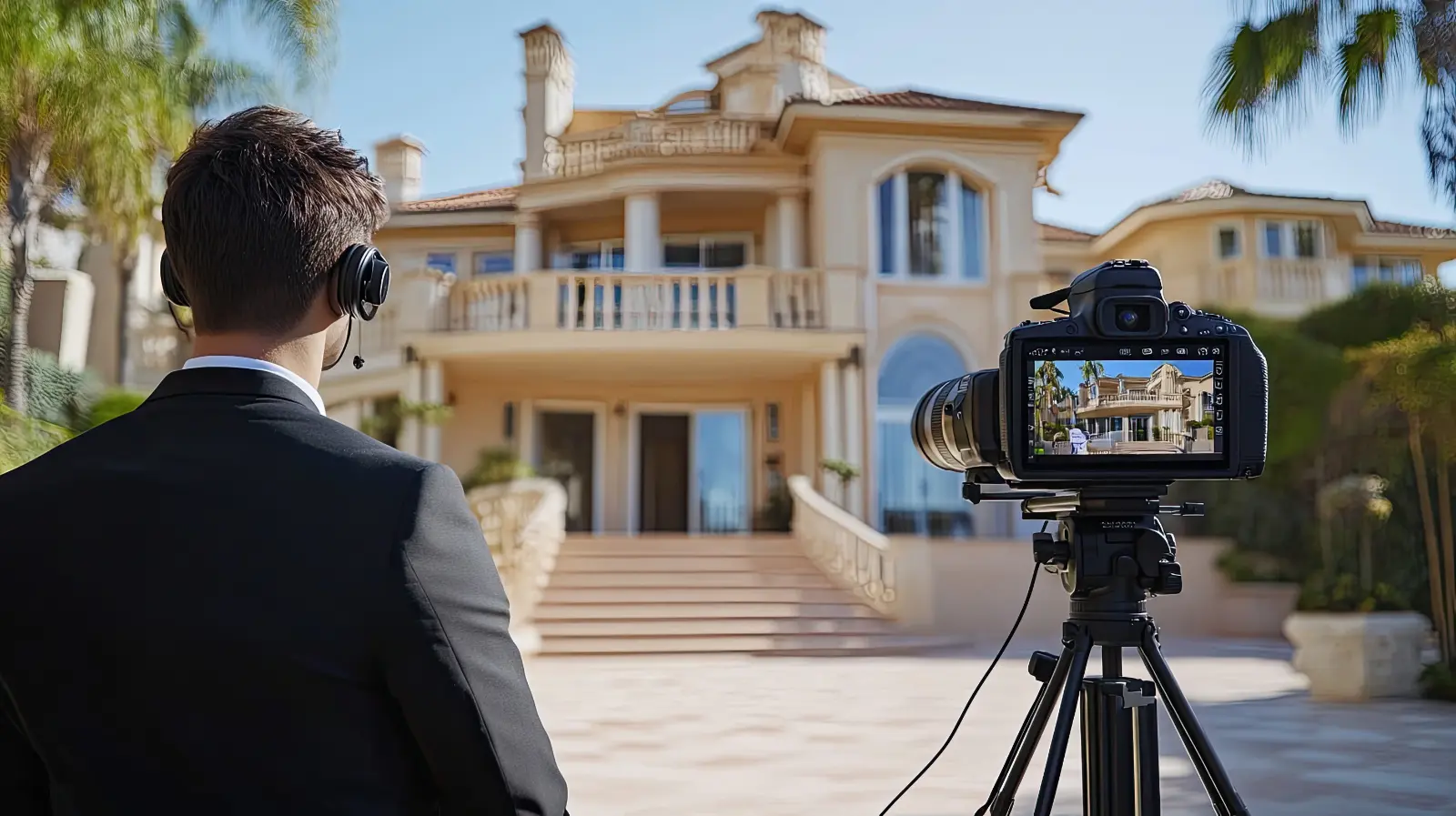 Man filming luxury house exterior for real estate video