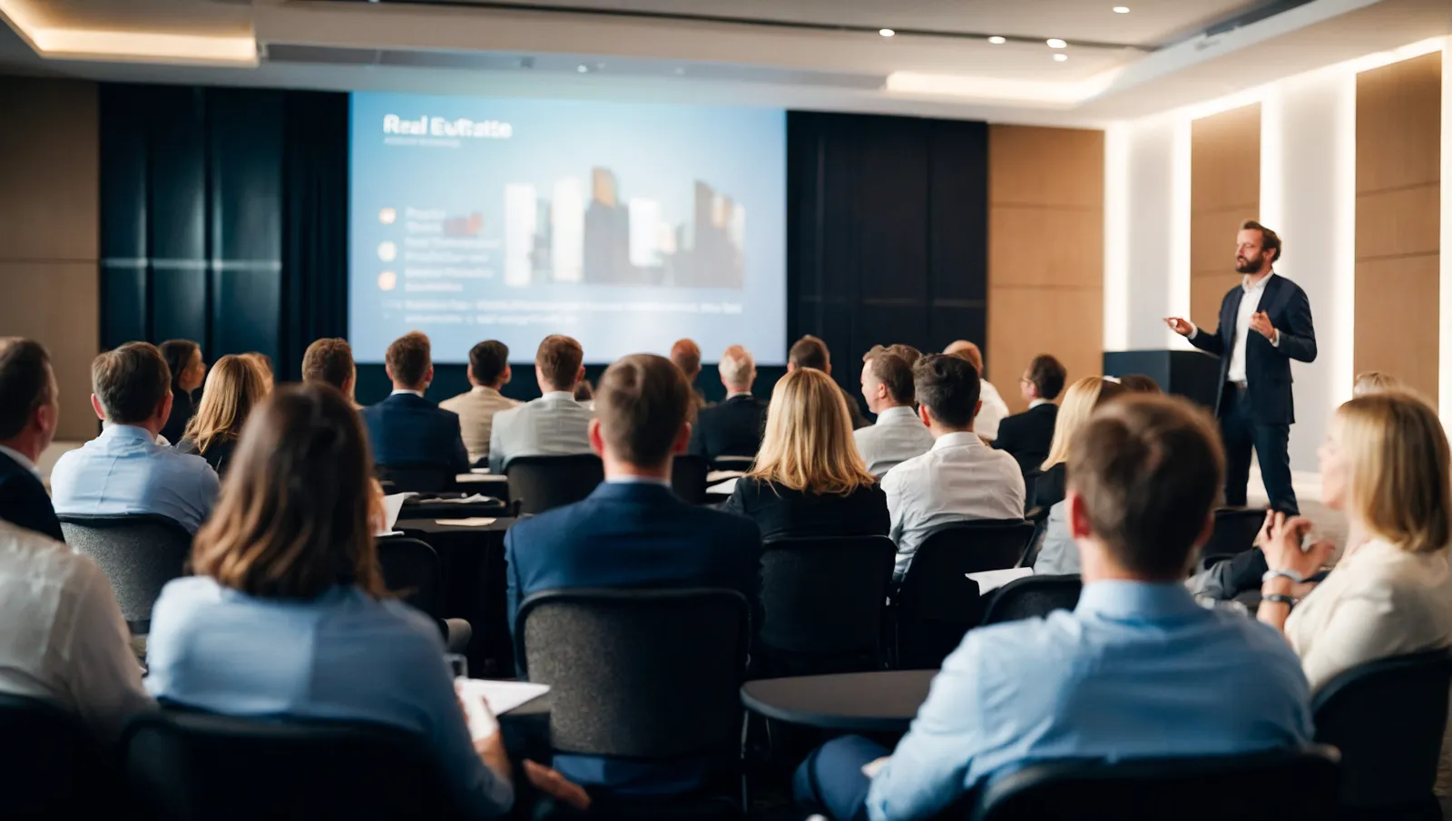 crowd of people in an office room attending a real estate seminar