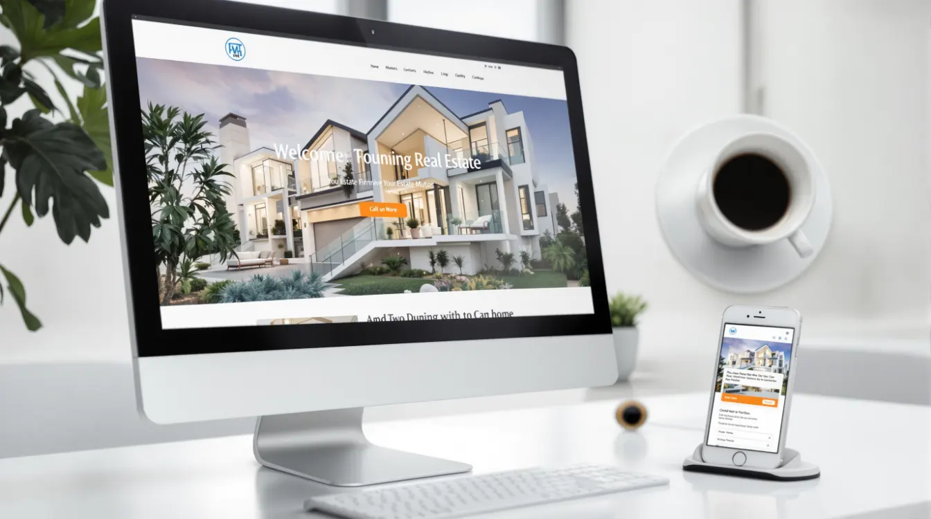 A bright, tablet screen displays a detailed real estate property page featuring a luxury home, high-quality photos, and interactive features like a virtual tour. A hand holding a flyer with a visible QR code complements the scene, emphasizing ease of access.