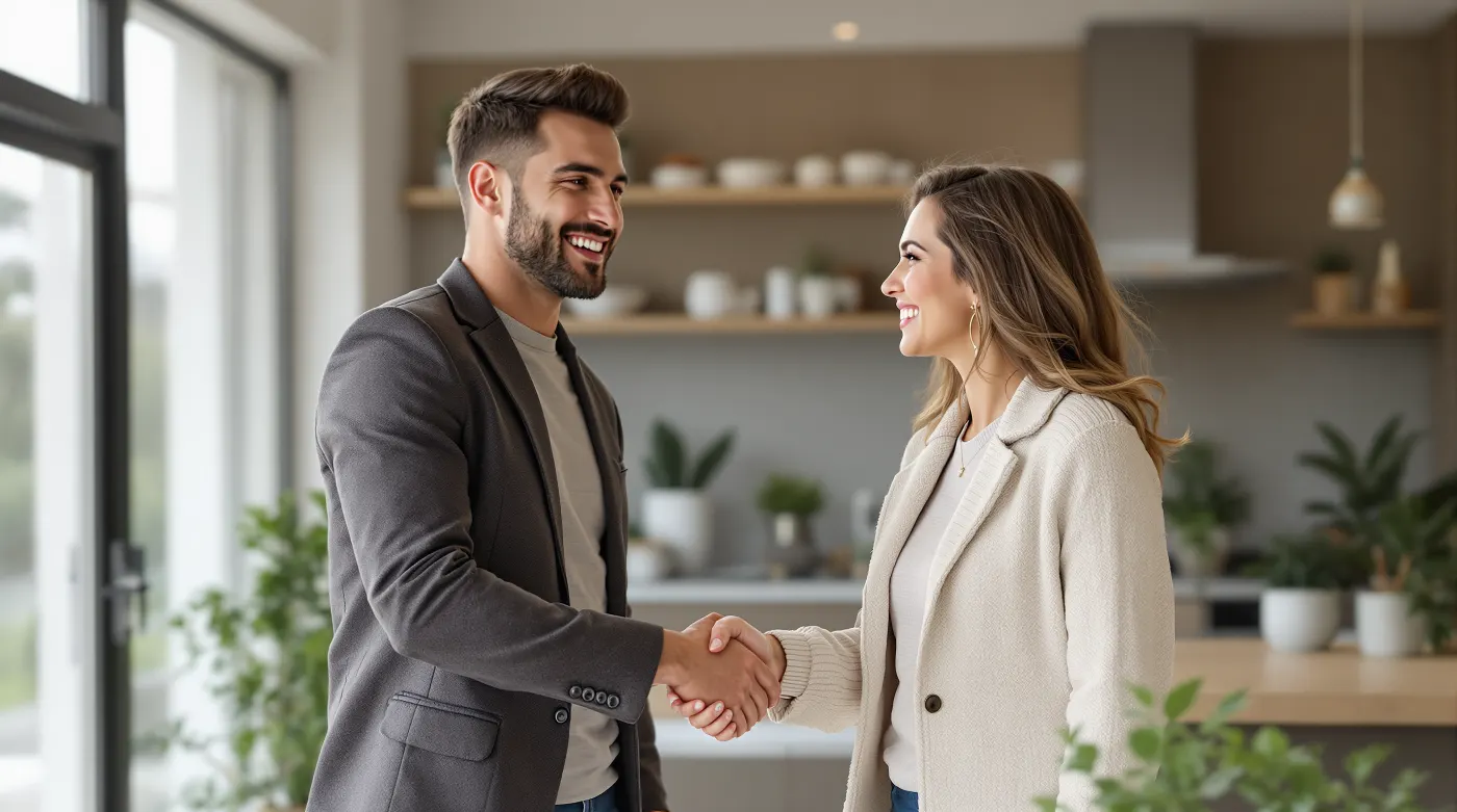 A real estate agent shaking hands with a happy customer inside a modern home.