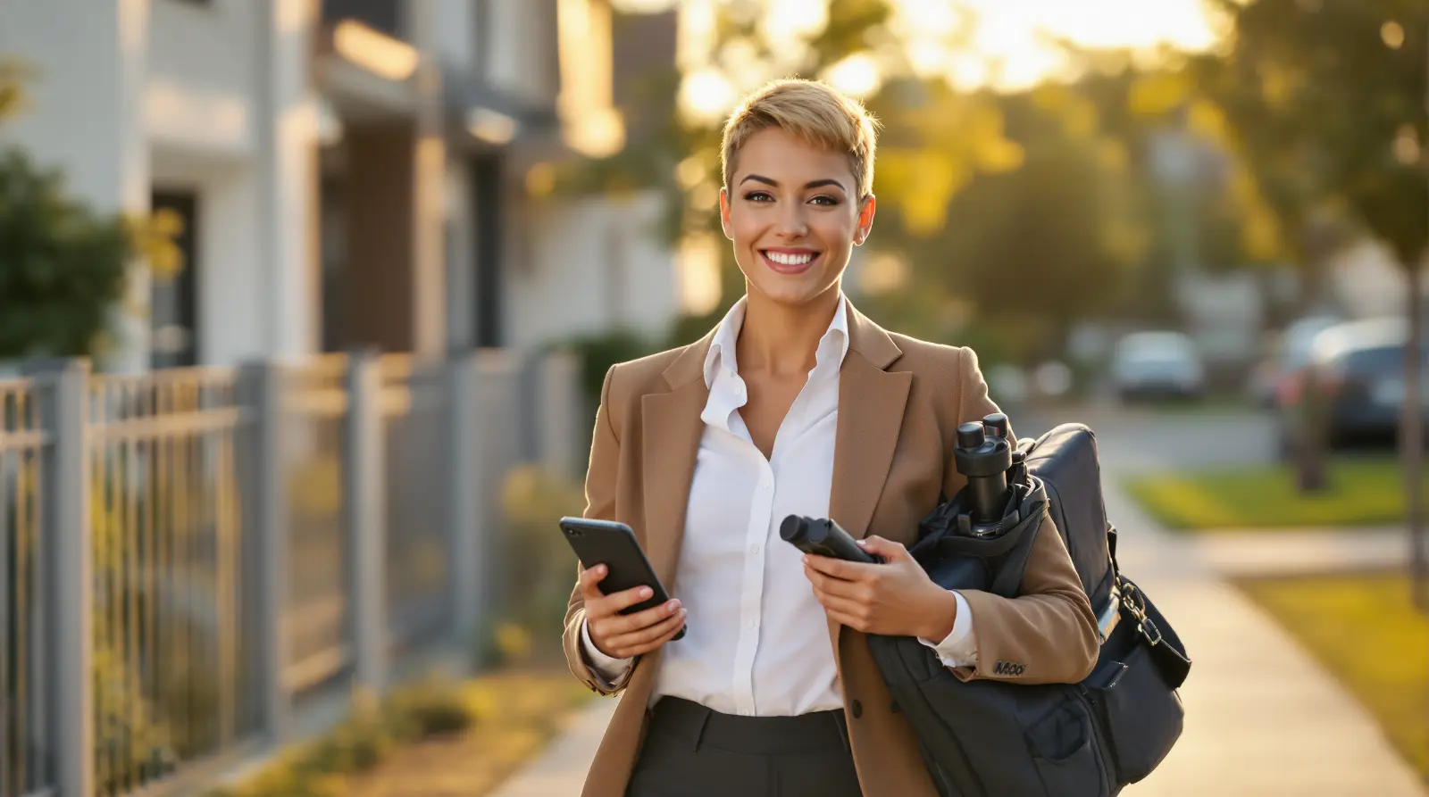 real-estate-agent-personal-brand-hero Confident real estate agent walking through modern neighborhood with phone and tripod bag
