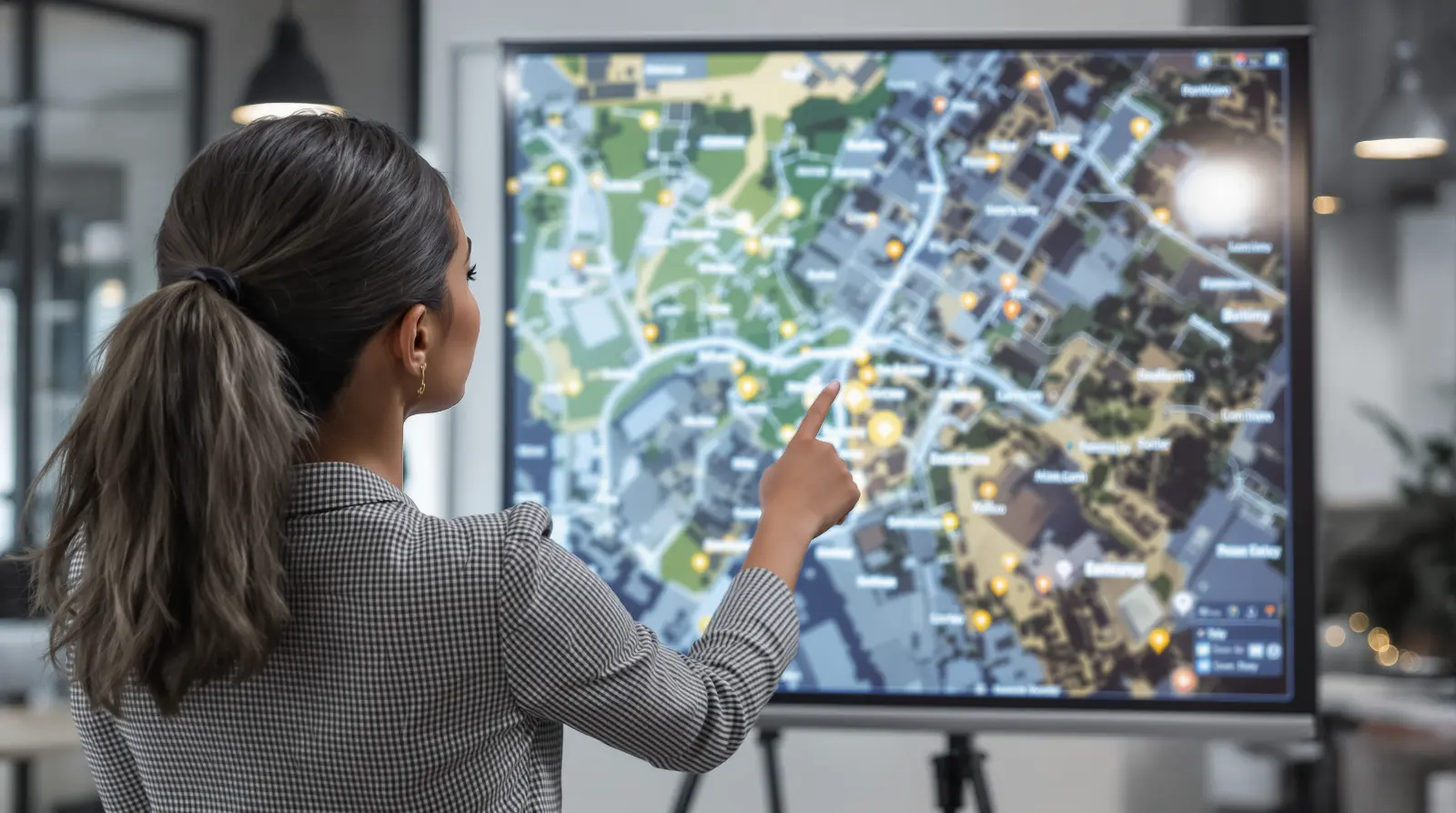 Real estate professional outlining geographic market focus on blurred map in office setting