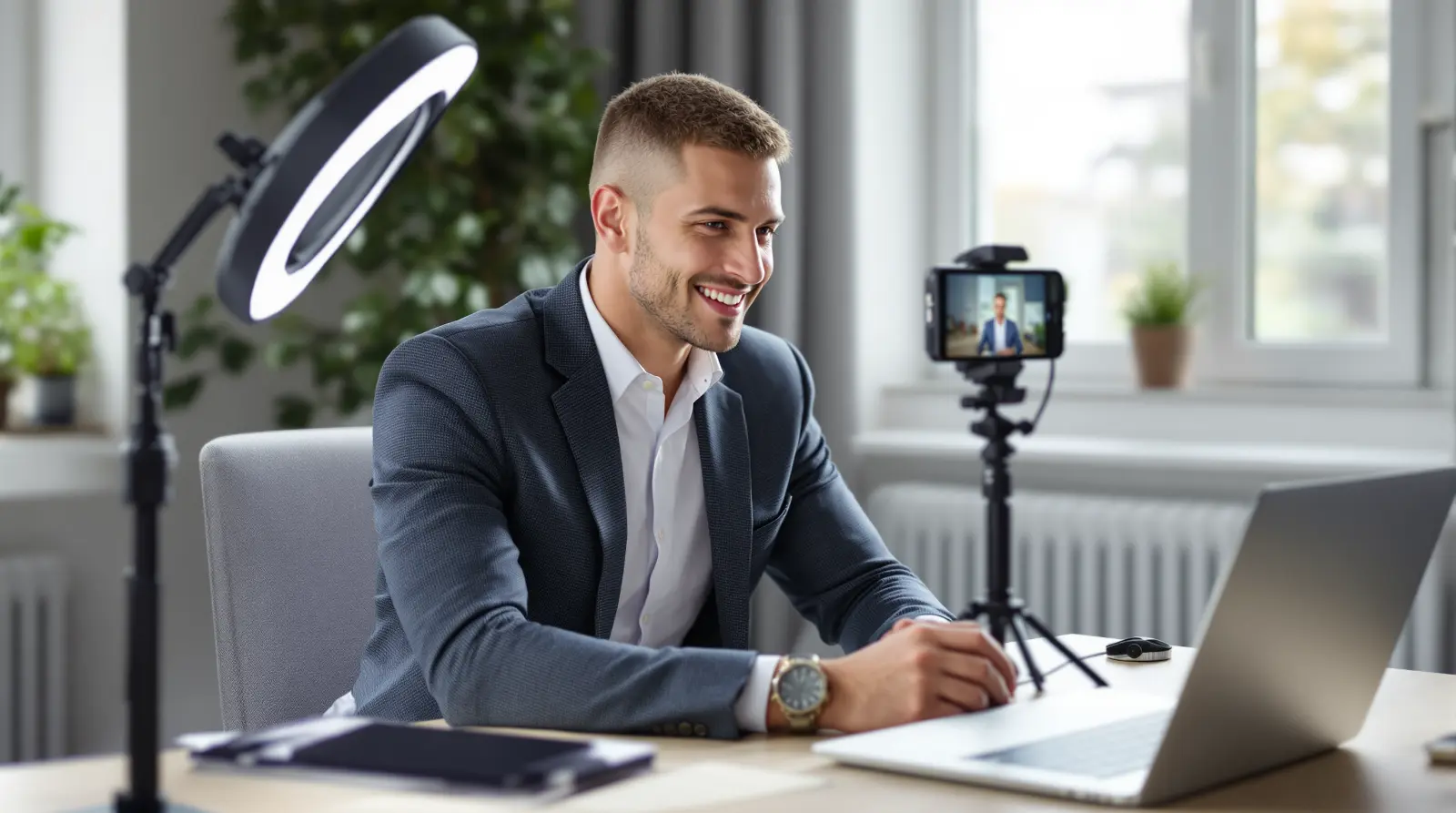 Real estate agent recording social media video at desk with ring light and laptop