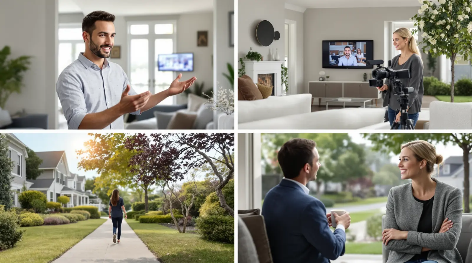Real estate agent filming home tour, staging tips, neighborhood walk, and meeting client
