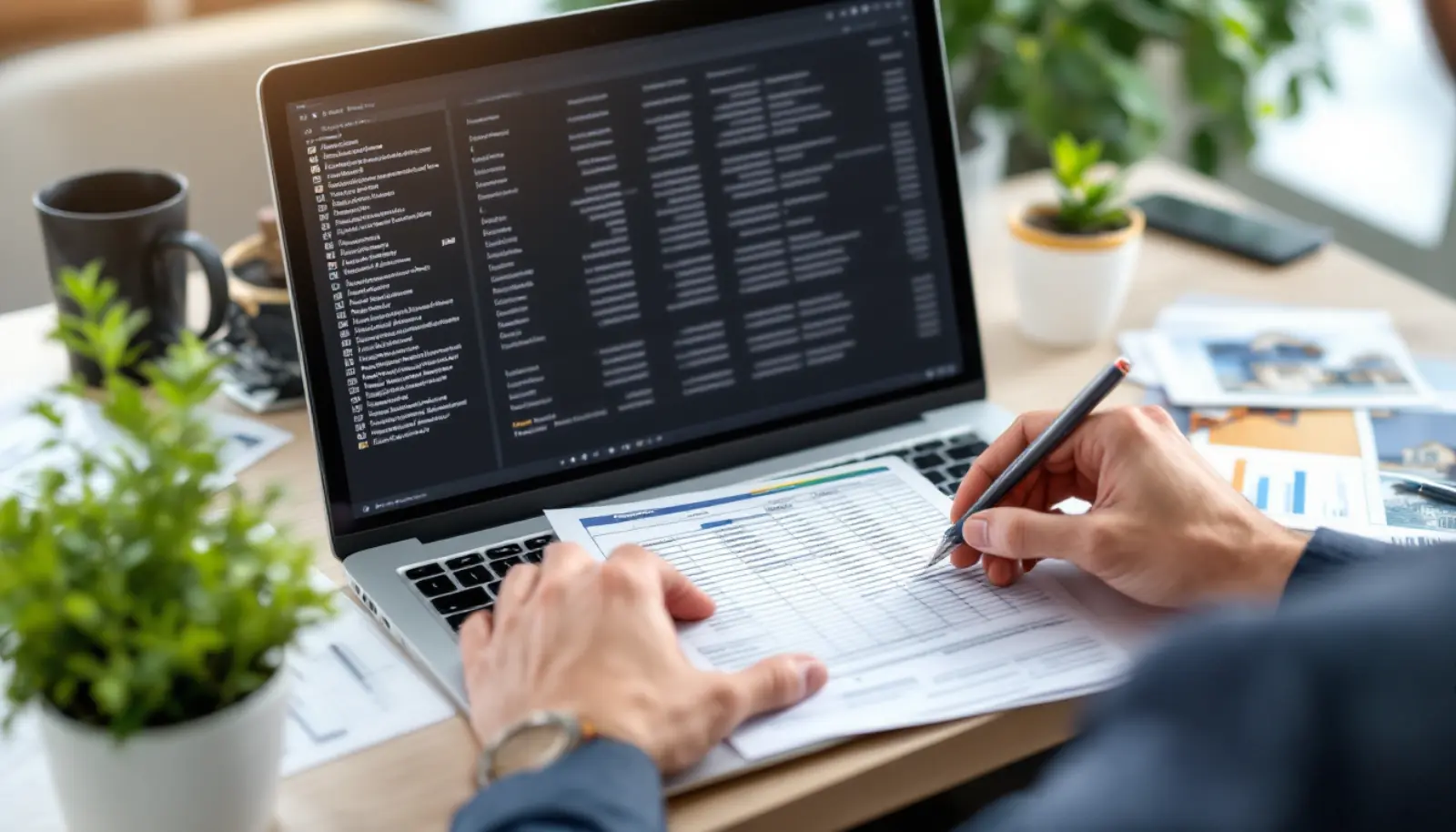 Male real estate agent organizing closed deal records with files and photos