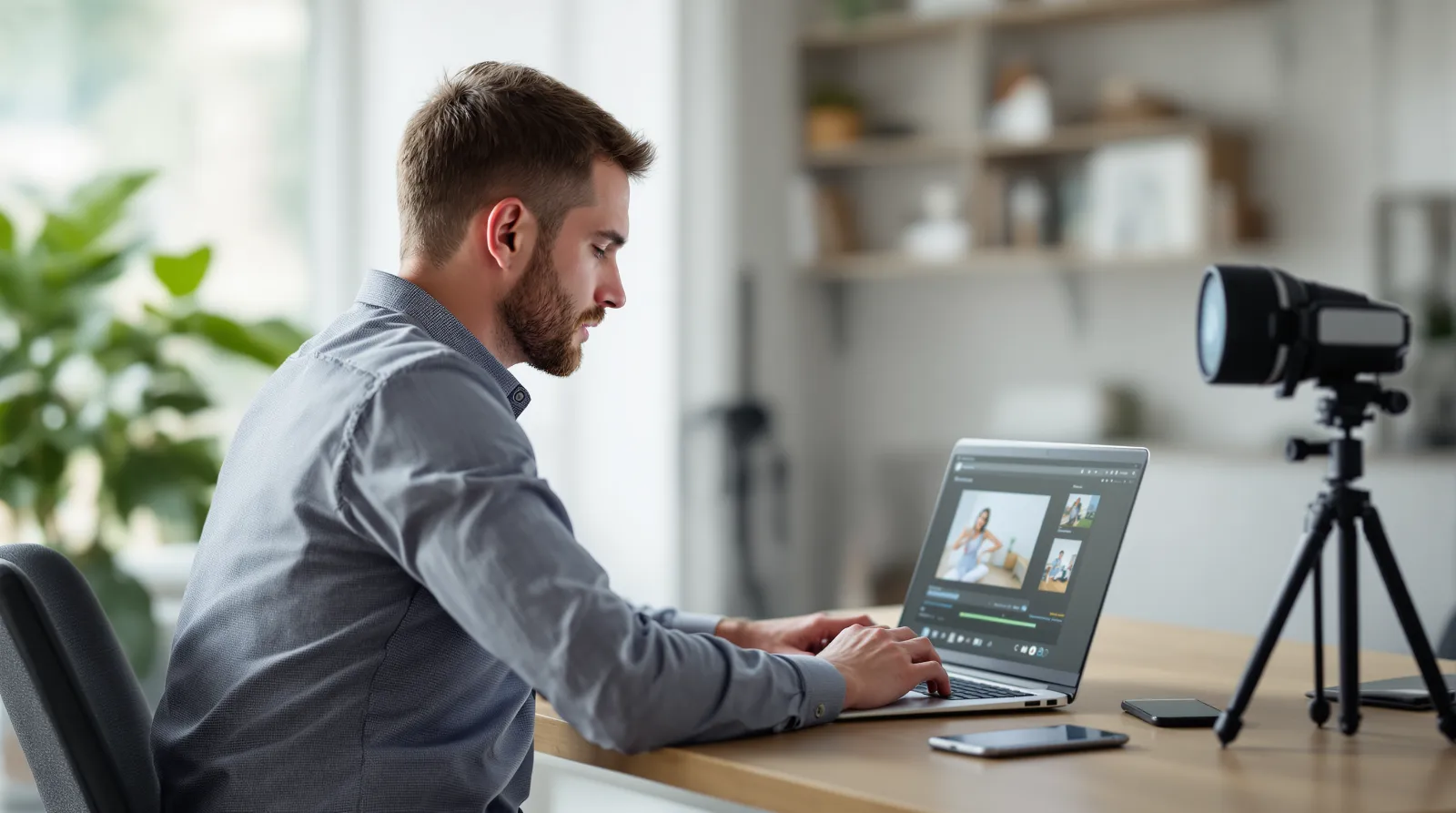Photorealistic image of a male real estate agent with short hair editing video content on a laptop at a desk, smartphone and small tripod nearby. Screen content blurred, modern workspace, neutral tones, natural lighting.