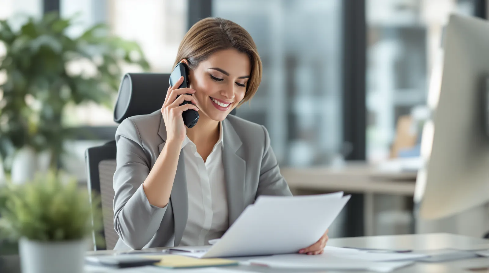 Photorealistic image of a female real estate agent with short professional hair sitting at a desk talking on a phone while reviewing notes, smiling slightly. Clean office setting, soft natural lighting, no visible text.