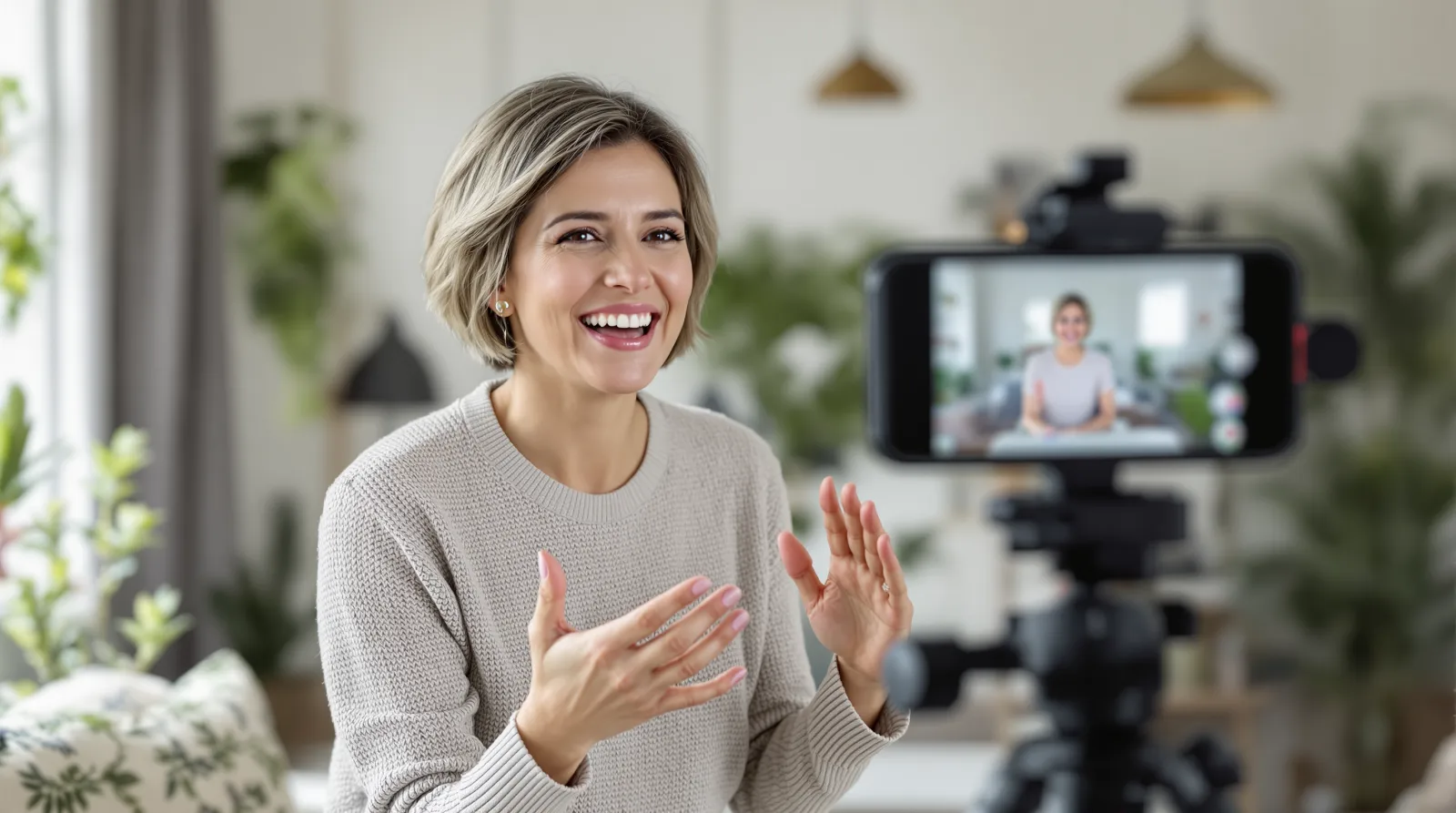 Female real estate agent hosting a live home tour on social media