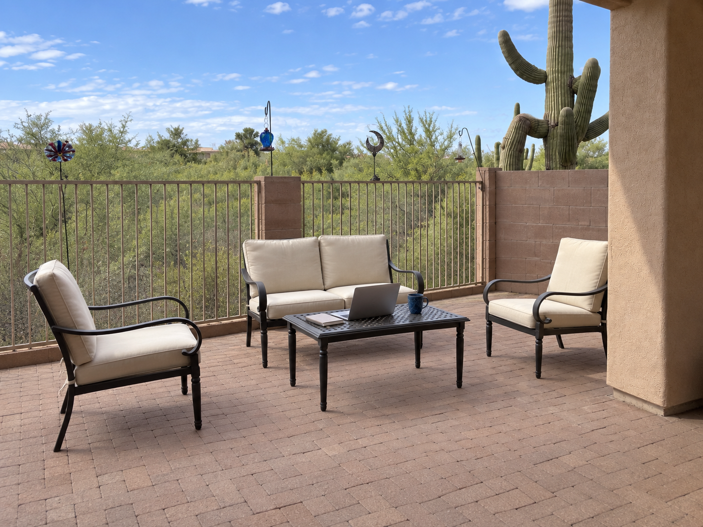A Tucson patio workspace looking out over the desert landscape