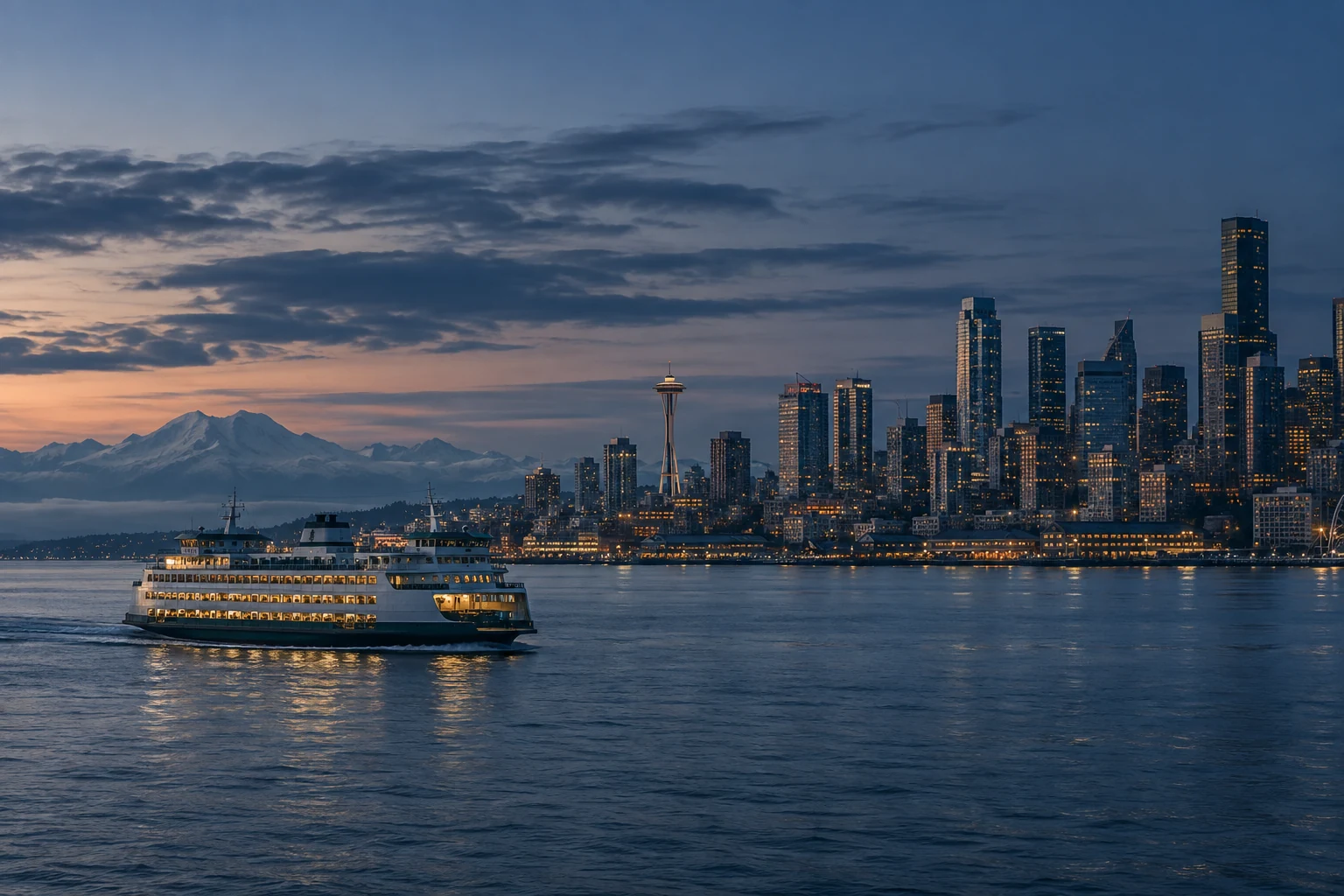 Washington State ferry crossing Elliott Bay with the Seattle skyline behind it