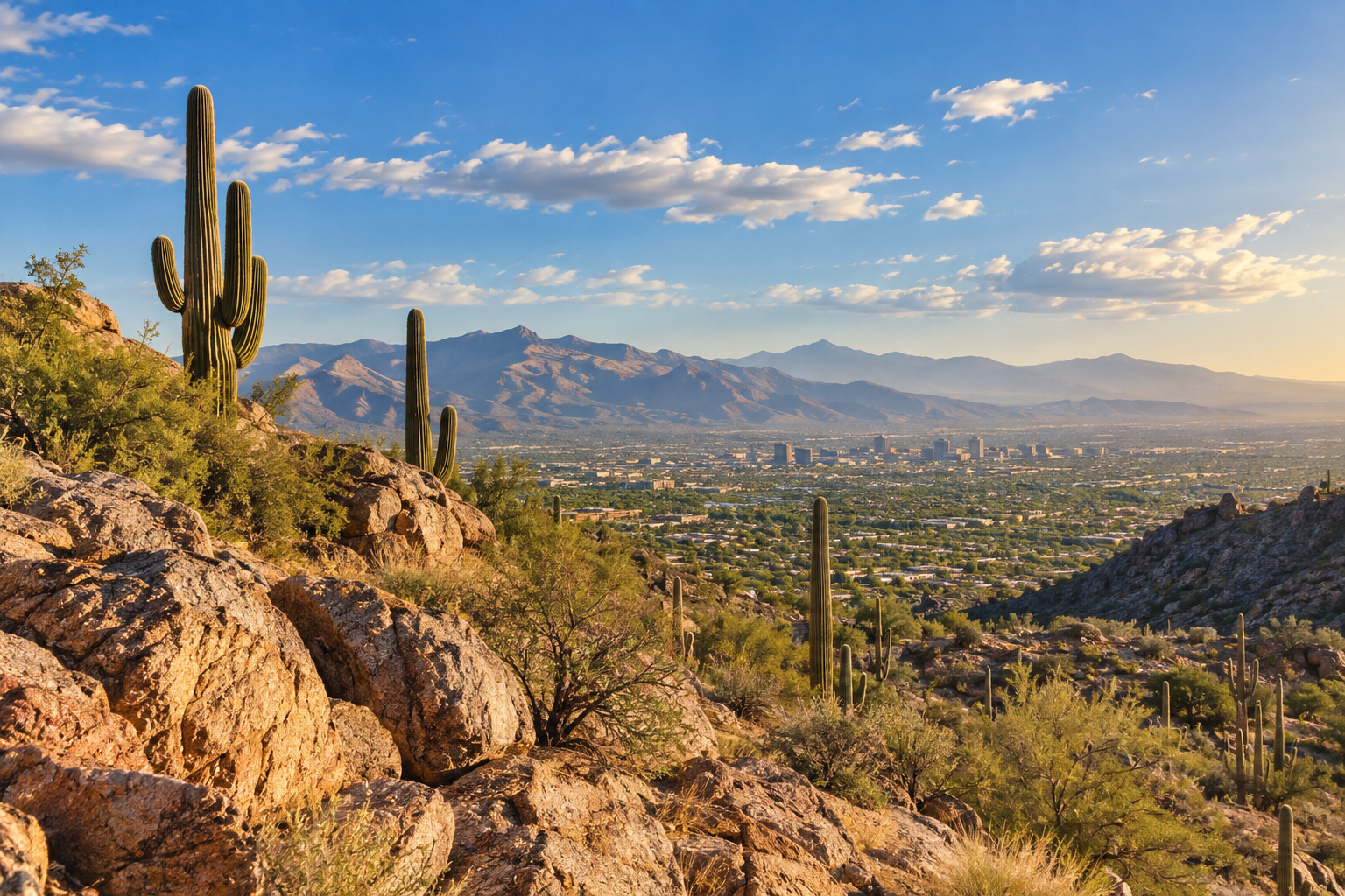 Tucson desert landscape with saguaro cacti and mountains