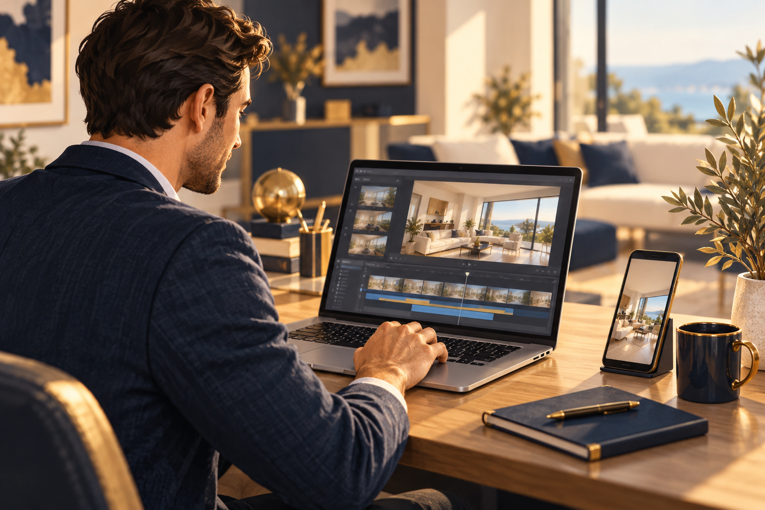 Illustration of an agent editing home-tour video clips.