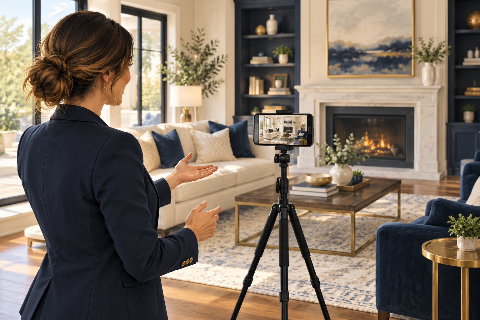 Illustration of an agent filming a living-room tour with a smartphone.