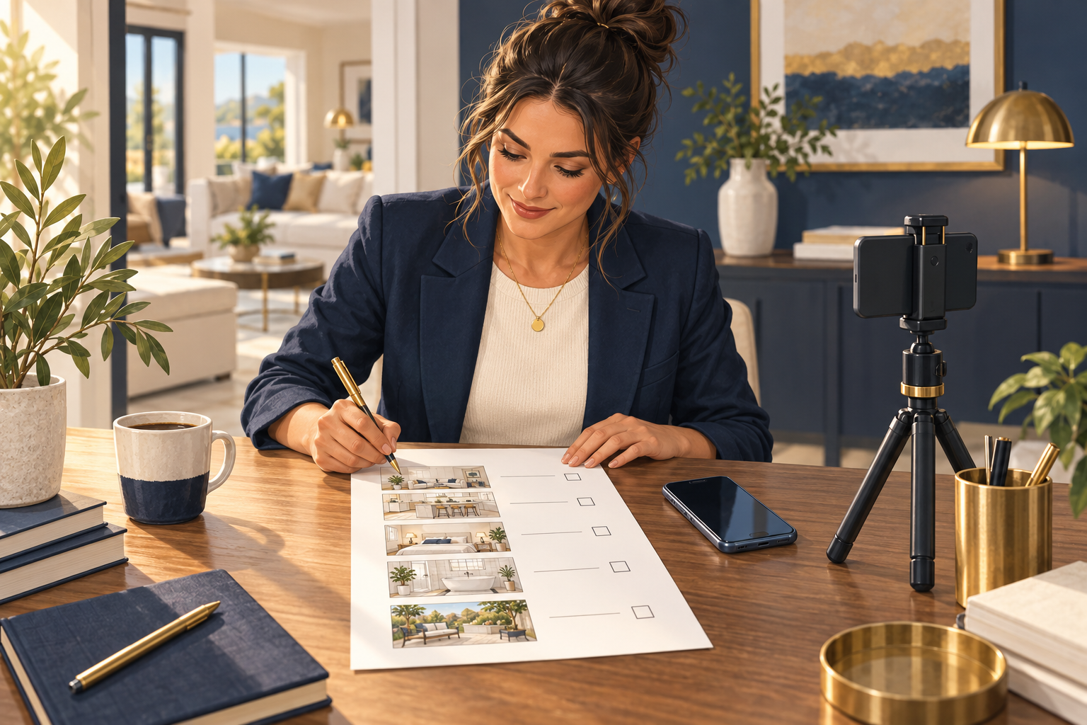 Illustration of an agent planning a home-tour shot list.
